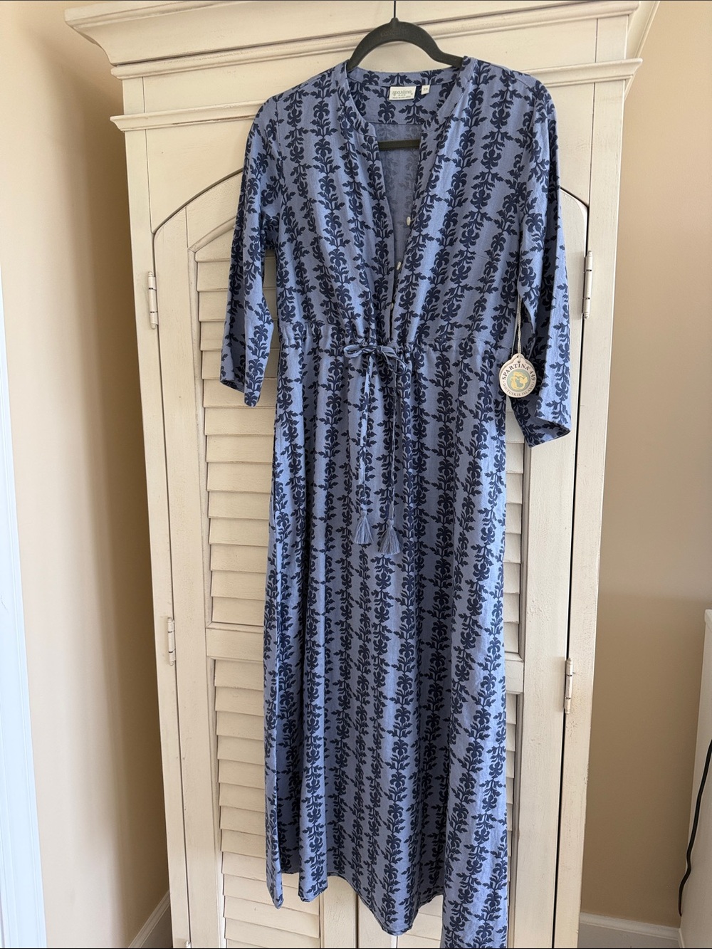 Spartina 449 Dusty Blue Maxi Dress with Navy Print